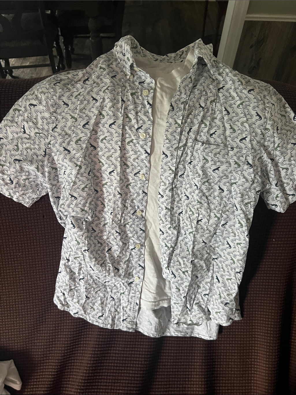 Goodfellow & Co White Short-Sleeve Button-Up With Navy And Green Wave Print